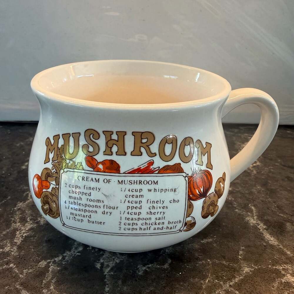 Vintage Cream of Mushroom Soup Recipe Ceramic Handled Bowl Mug